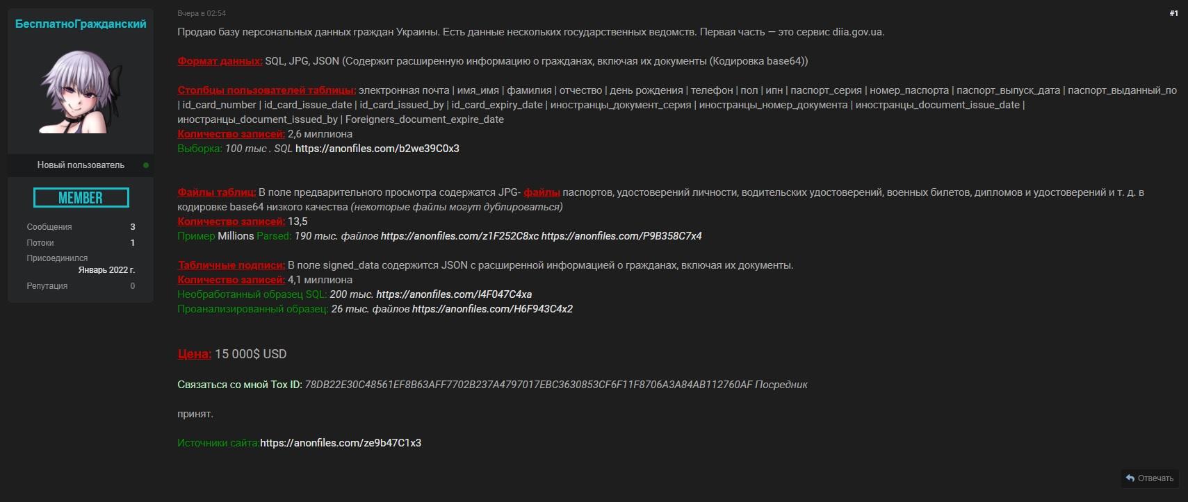 Объявление о продаже базы данных украинских граждан из “Дії” появилось в сети. Минцифры опровергает утечку 1