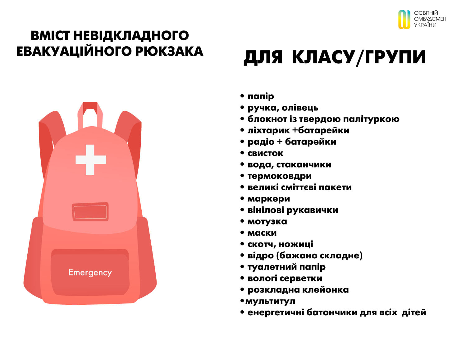 Що має входити в “рюкзак безпеки” для малечі і вчителя на випадок початку евакуації (переліки) 2