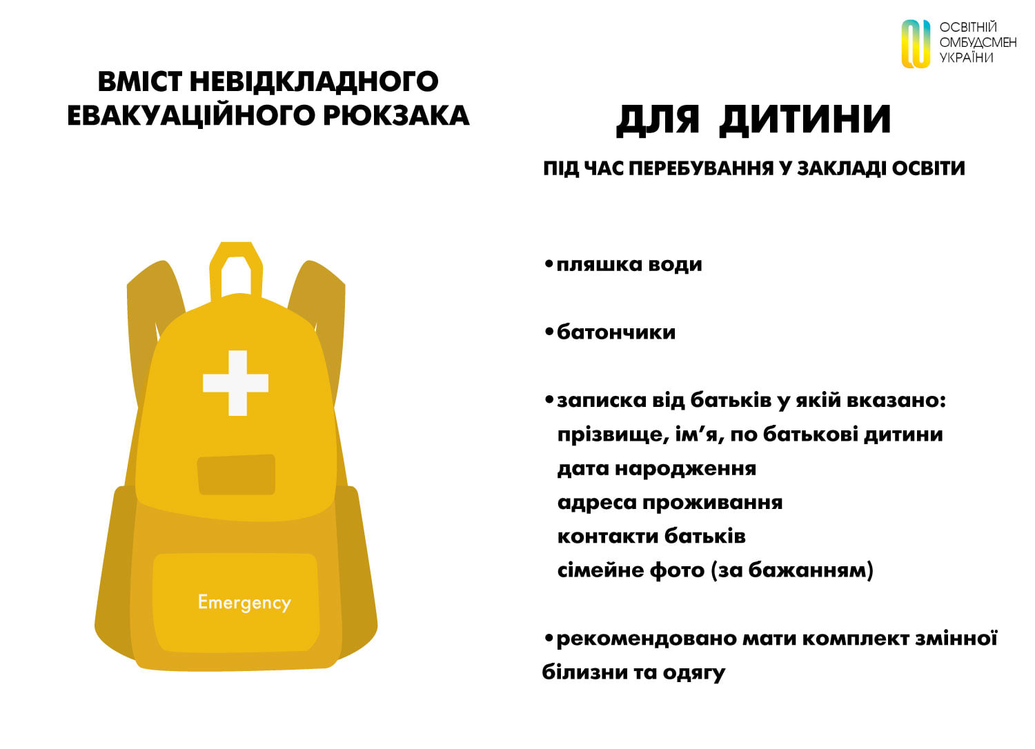 Що має входити в “рюкзак безпеки” для малечі і вчителя на випадок початку евакуації (переліки) 1