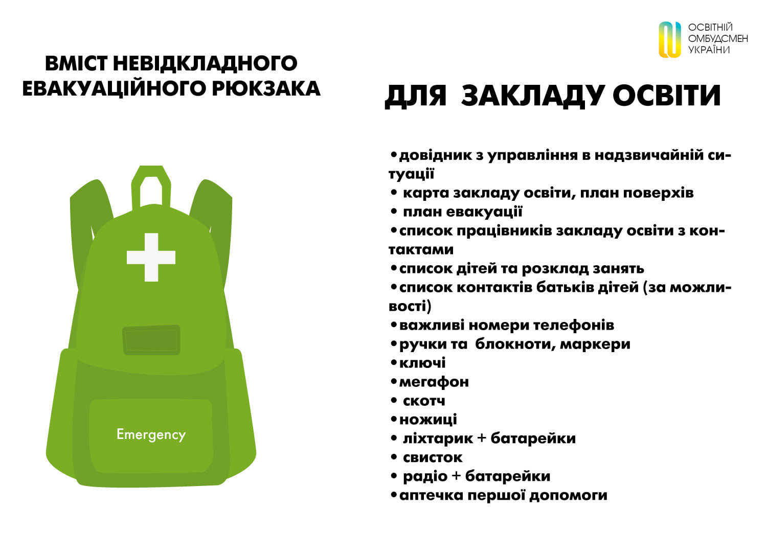 Что должно входить в рюкзак безопасности для малышей и учителя на случай начала эвакуации (списки) 3