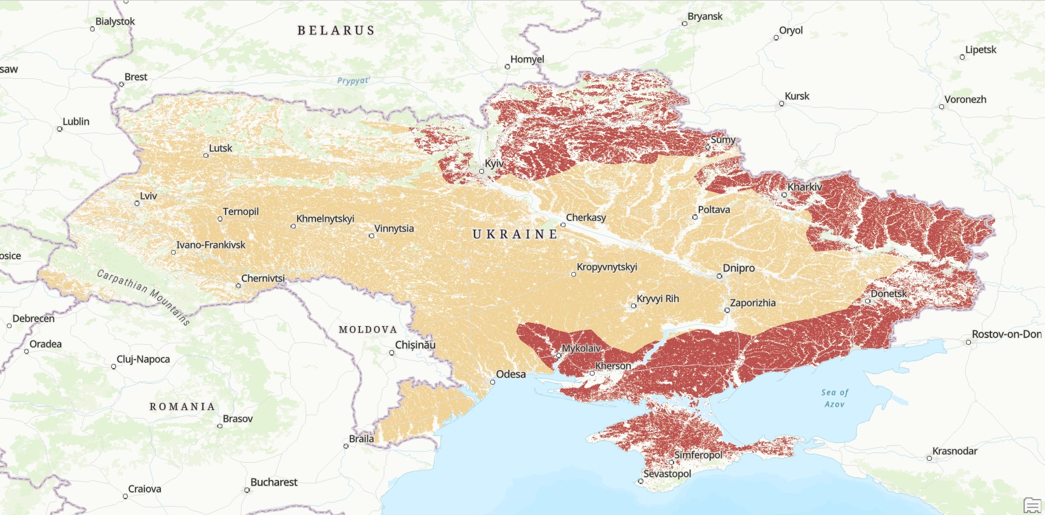 Карта украинских агроландшафтов в контексте русской военной агрессии. Более темный цвет обозначает агроландшафты Украины, которые находятся в пределах зоны риска сельского хозяйства.