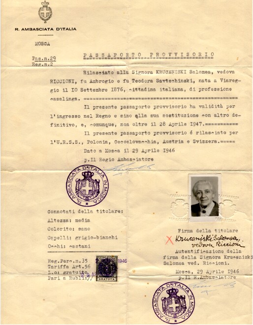 итальянский паспорт Соломии Крушельницкой в УССР