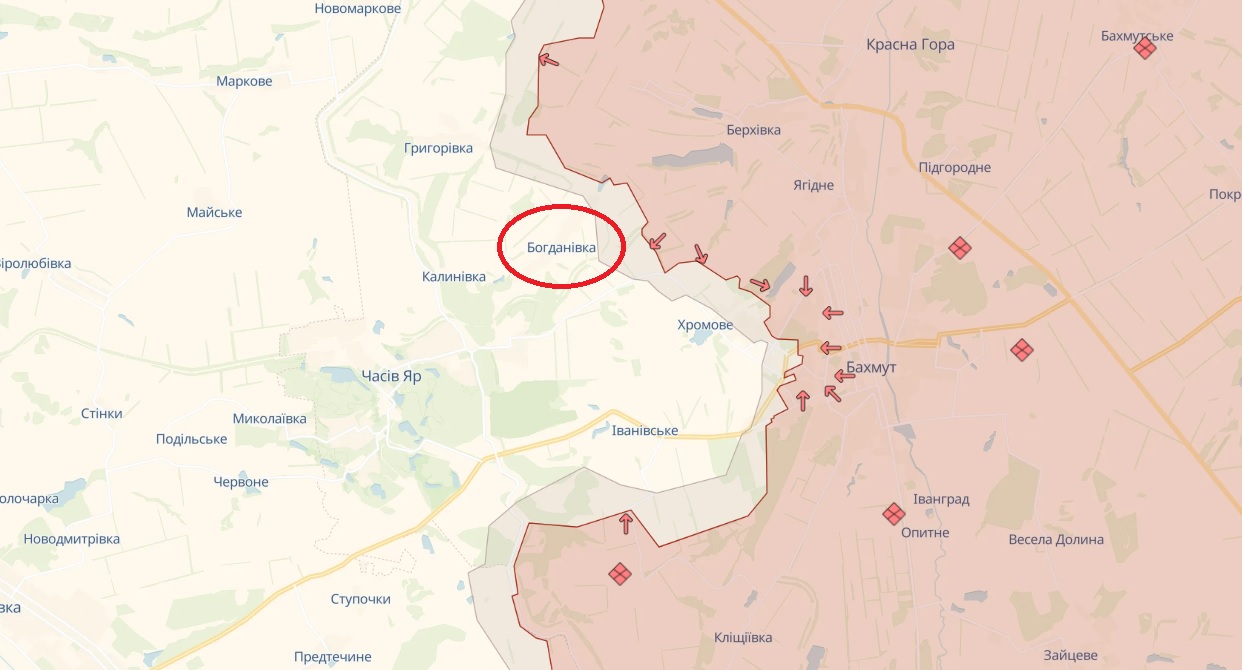 Богданівка на лінії фронту поряд з Бахмутом. Скриншот мапи станом на травень 2023 року