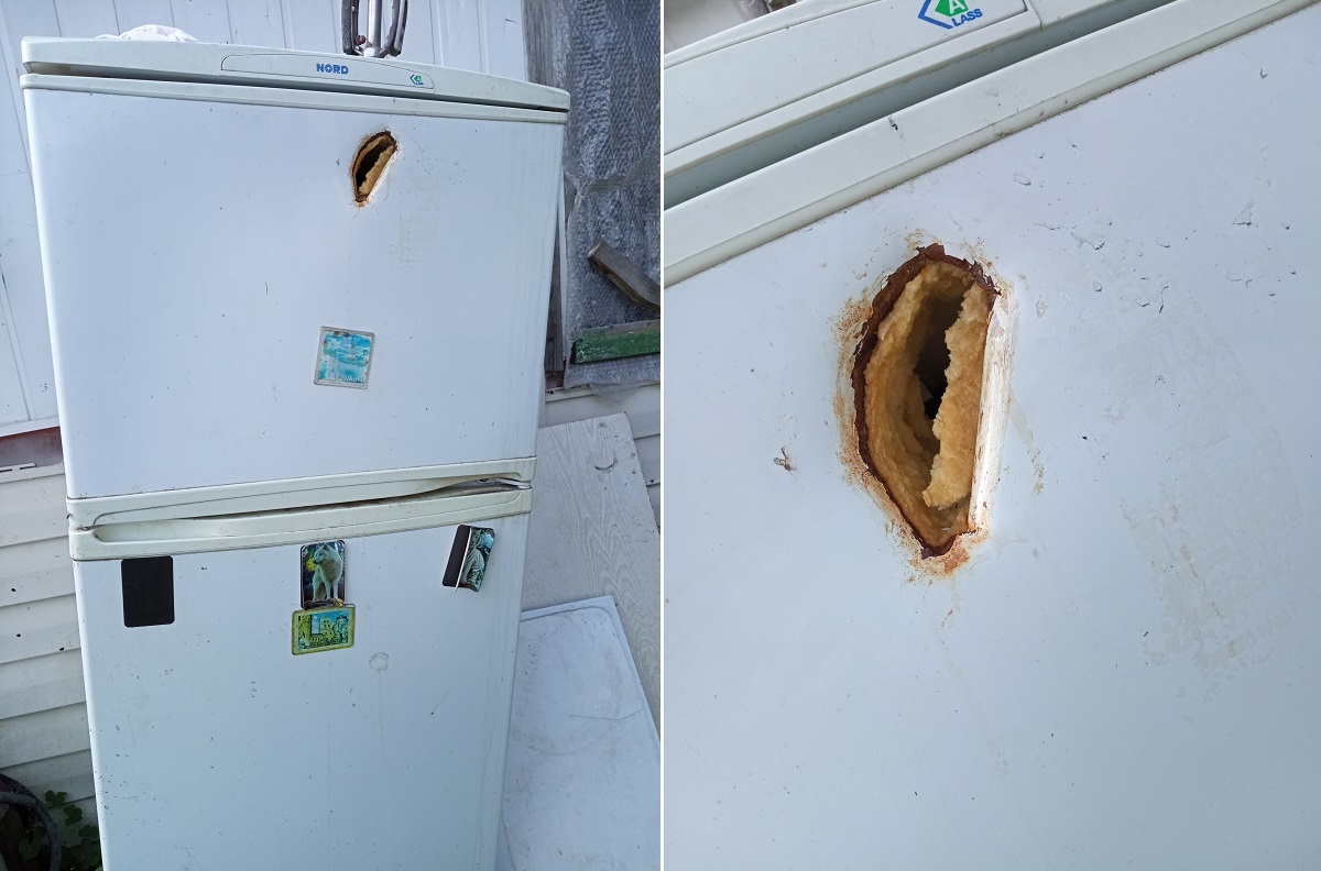 Пошкоджений обстрілом холодильник
