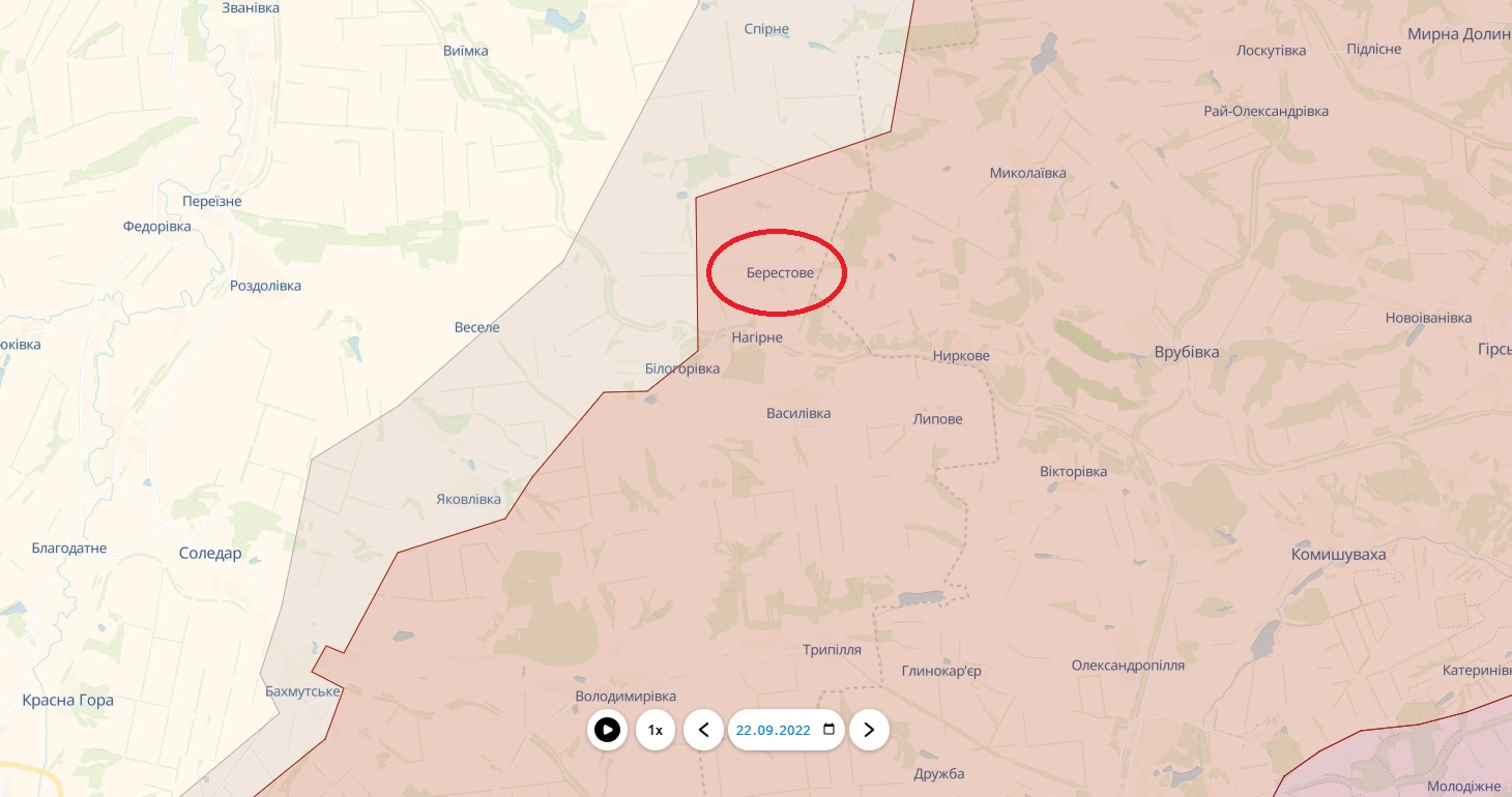 За даними мапи Deepstatemap 22 вересня 2022 року, село Берестове вже захопили окупанти