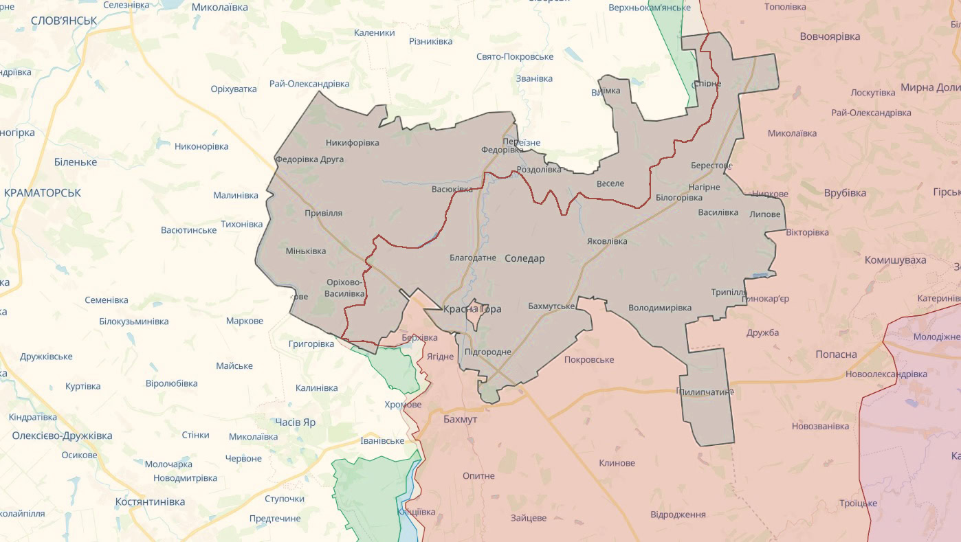 Соледарская громада по состоянию на 16 августа 2023 года. Красным проводится линия фронта