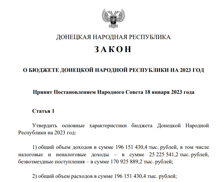 “Бюджет” т.з. “ДНР” у 2023 році
