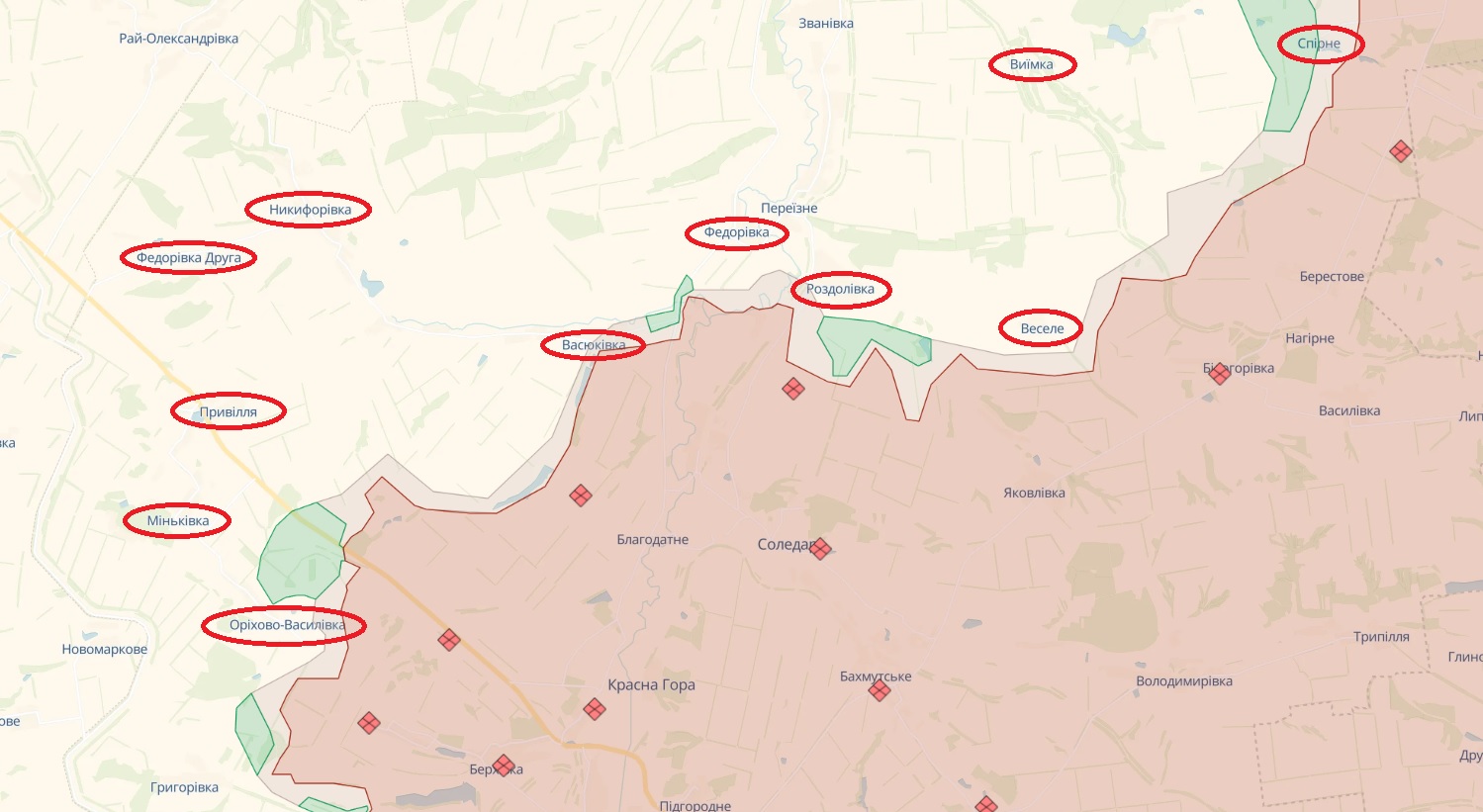Червоним виділені населені пункти Соледарської громади, які підконтрольні українському уряду на початку грудня 2023 року