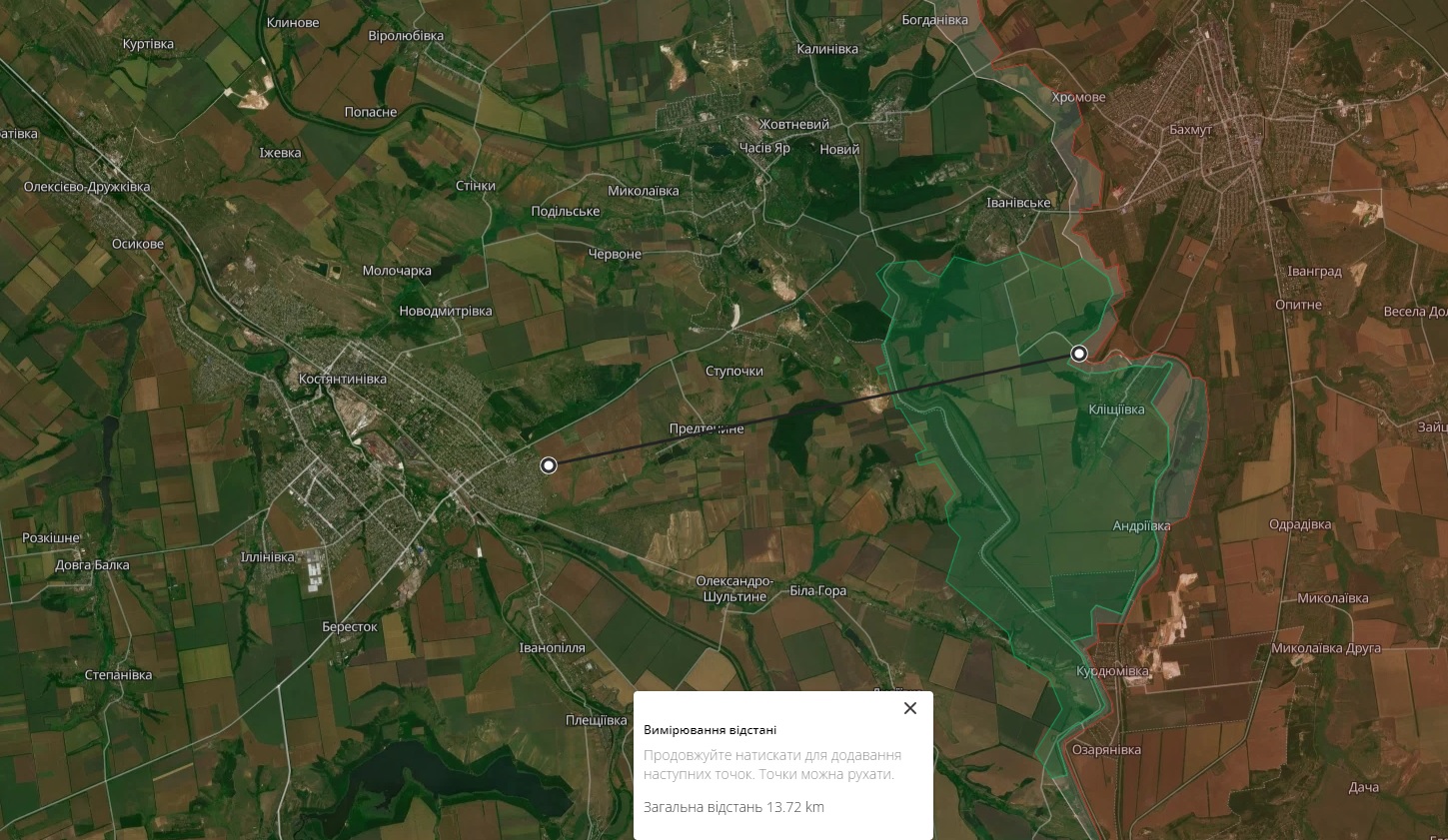 Відстань між Костянтинівкою та позиціями окупантів станом на 27 грудня 2023 року