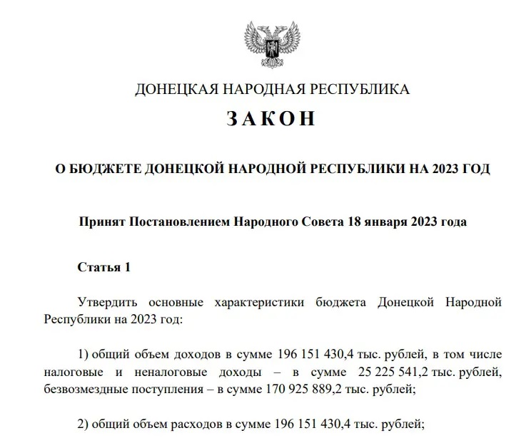 “Бюджет” т.з. “ДНР” станом на січень 2023 року