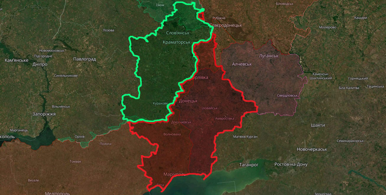 Зеленим позначена територія Донецької області, яку станом на 24 лютого 2024 року контролює український уряд. Червоним позначені території, захоплені росіянами