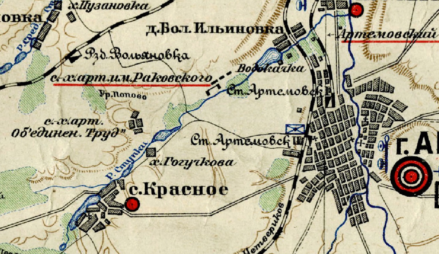 Мапа околиць уже перейменованого Артемівська у 1920-х роках