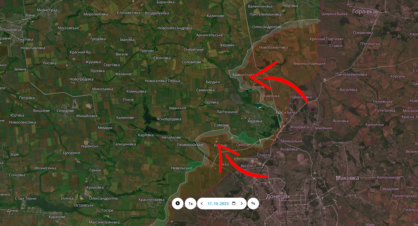 Ситуація на авдіївському напрямку 10-11 жовтня 2023 року, червоні стрілки вказують напрямки наступу російської армії
