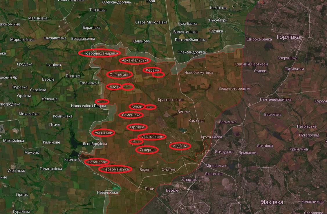 19 населених пунктів Авдіївської громади, які російська армія окупувала після лютого 2024 року