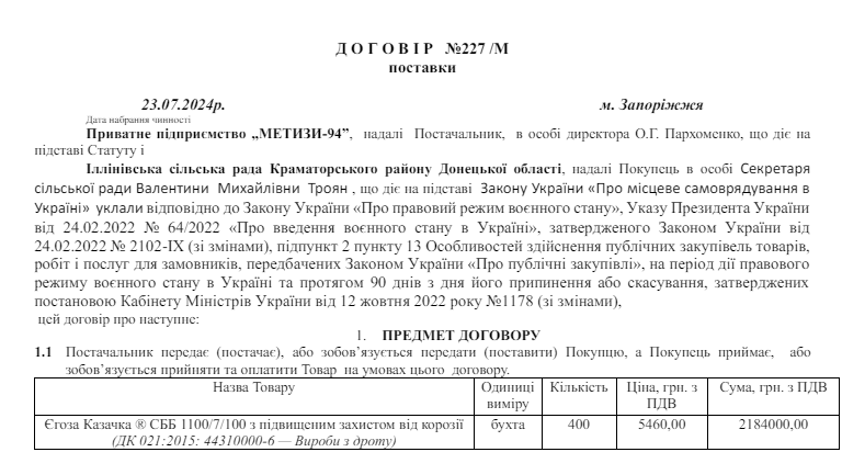 Договір ПП "Метиз-94" з Іллінівською сільрадою. Фото: Вільне радіо