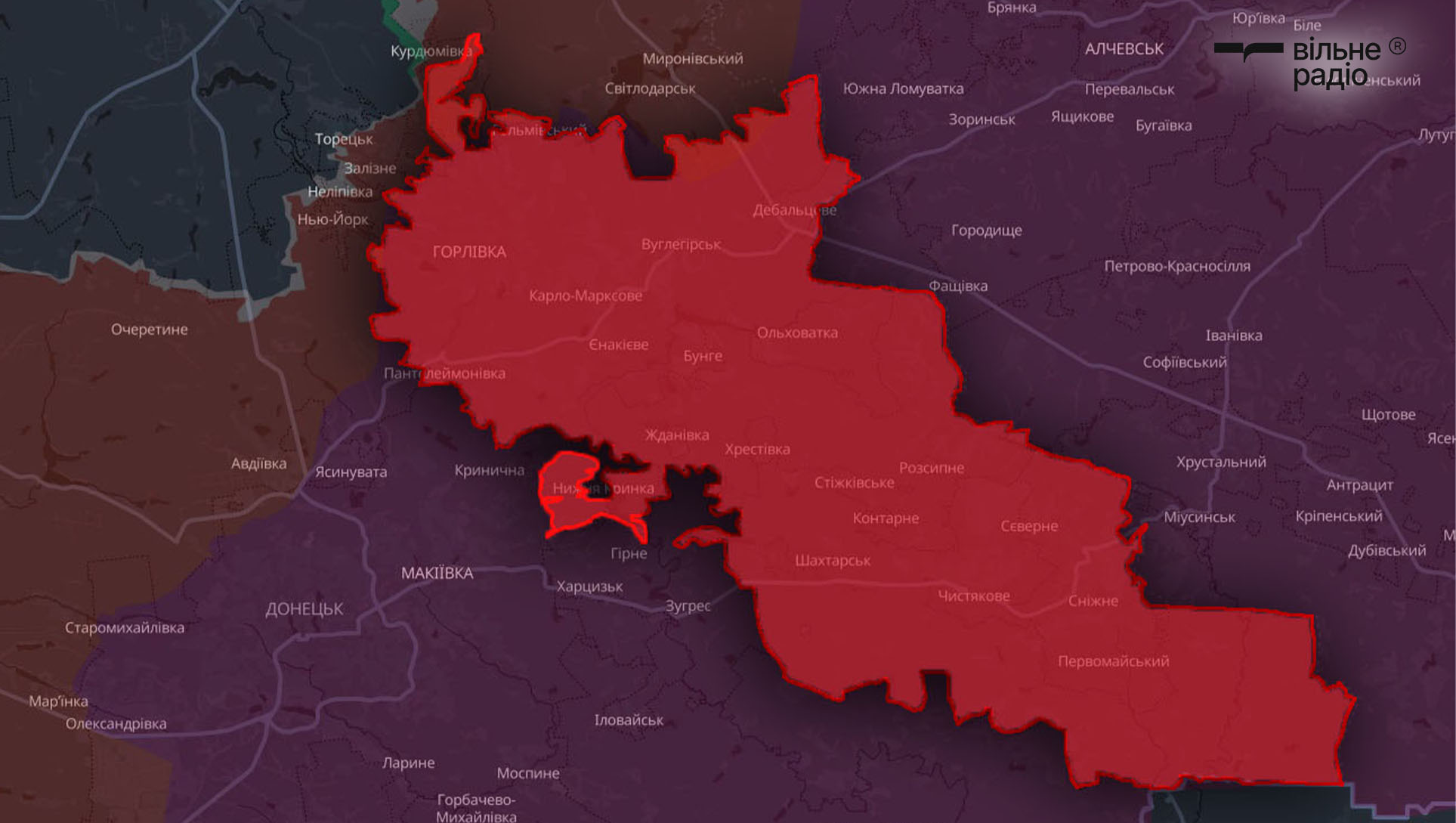 Територія Горлівського району станом на початок травня 2025 року, червоним позначені окуповані росіянами території