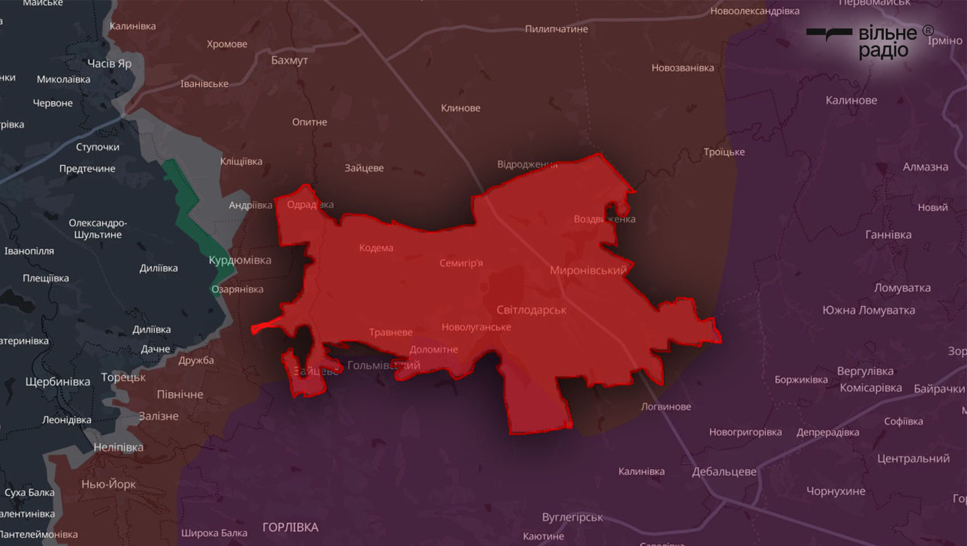 Територія Світлодарської селищної територіальної громади станом на початок травня 2025 року, червоним позначені окуповані росіянами території