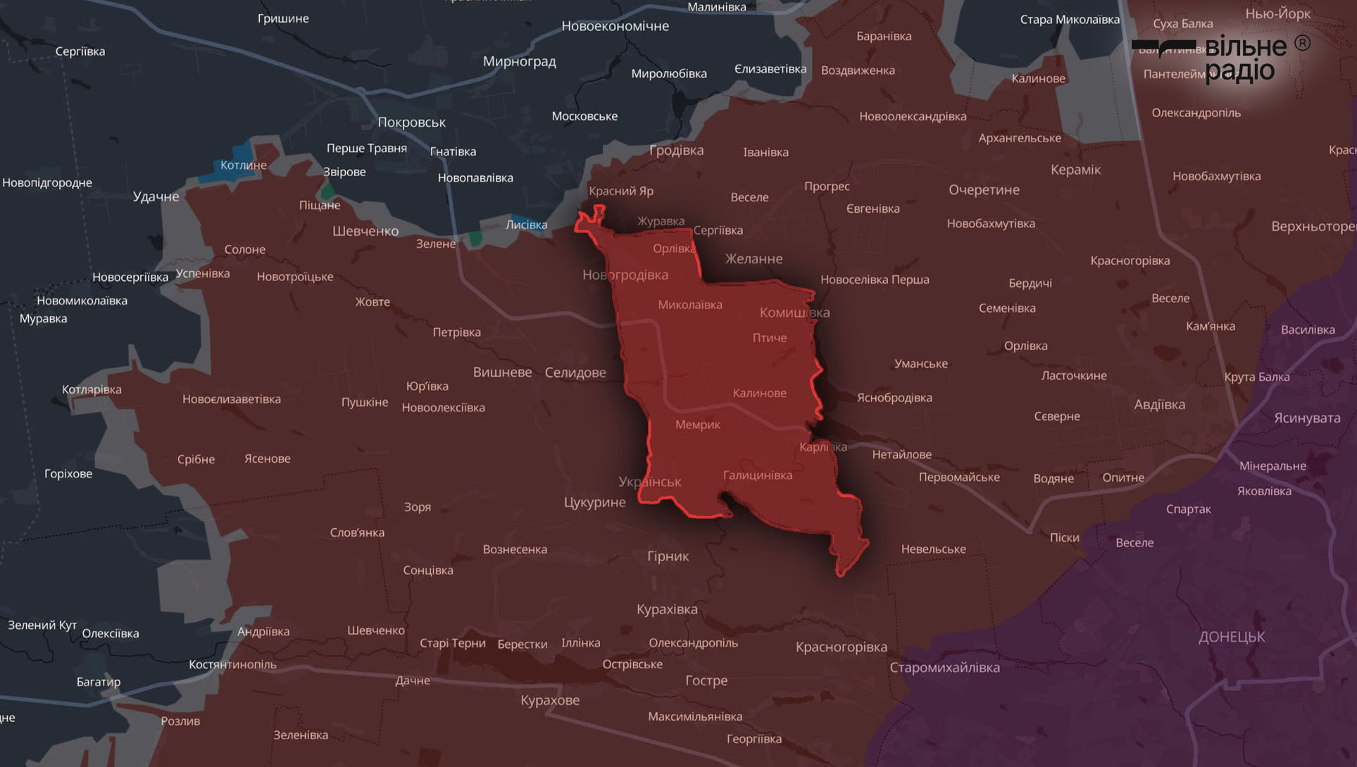 Територія Новогродівської міської територіальної громади станом на початок травня 2025 року, червоним позначені окуповані росіянами території