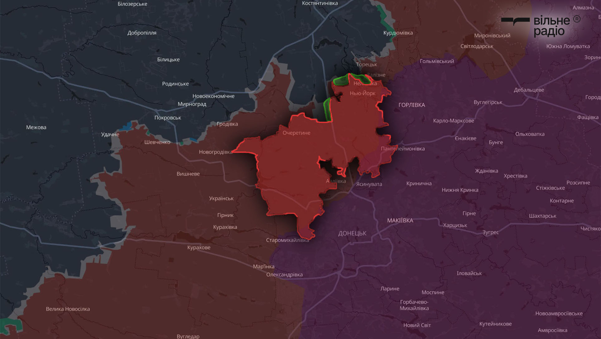 Територія Очеретинської селищної територіальної громади станом на початок травня 2025 року, червоним позначені окуповані росіянами території, а зеленим — підконтрольні українській владі території