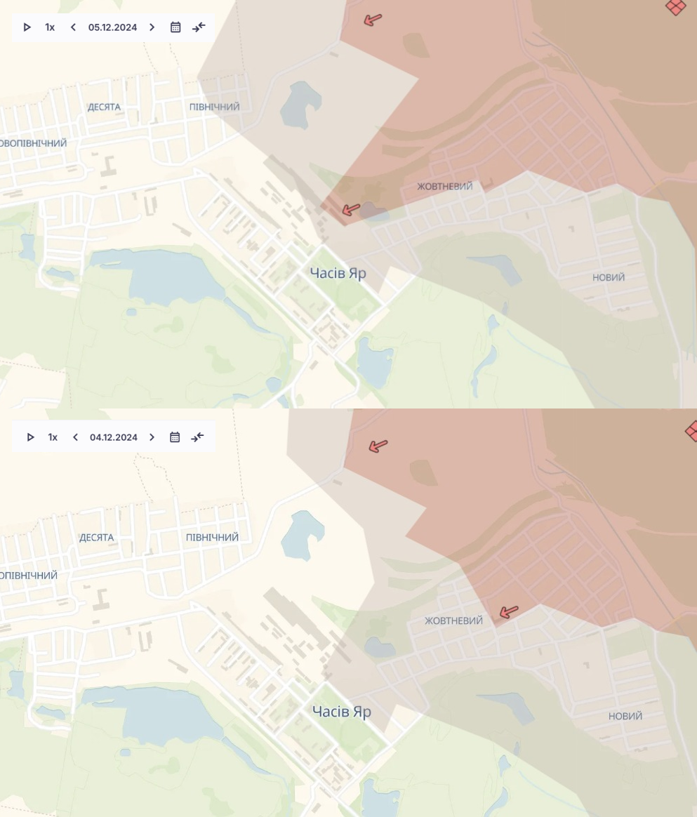 Просування росіян у Часовому Яру на 15 грудня. Фото: DeepState