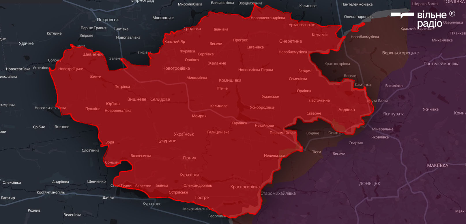 Червоним позначені території Донецької області, які російська армія захопила протягом 2024 року від Авдіївки до Покровська