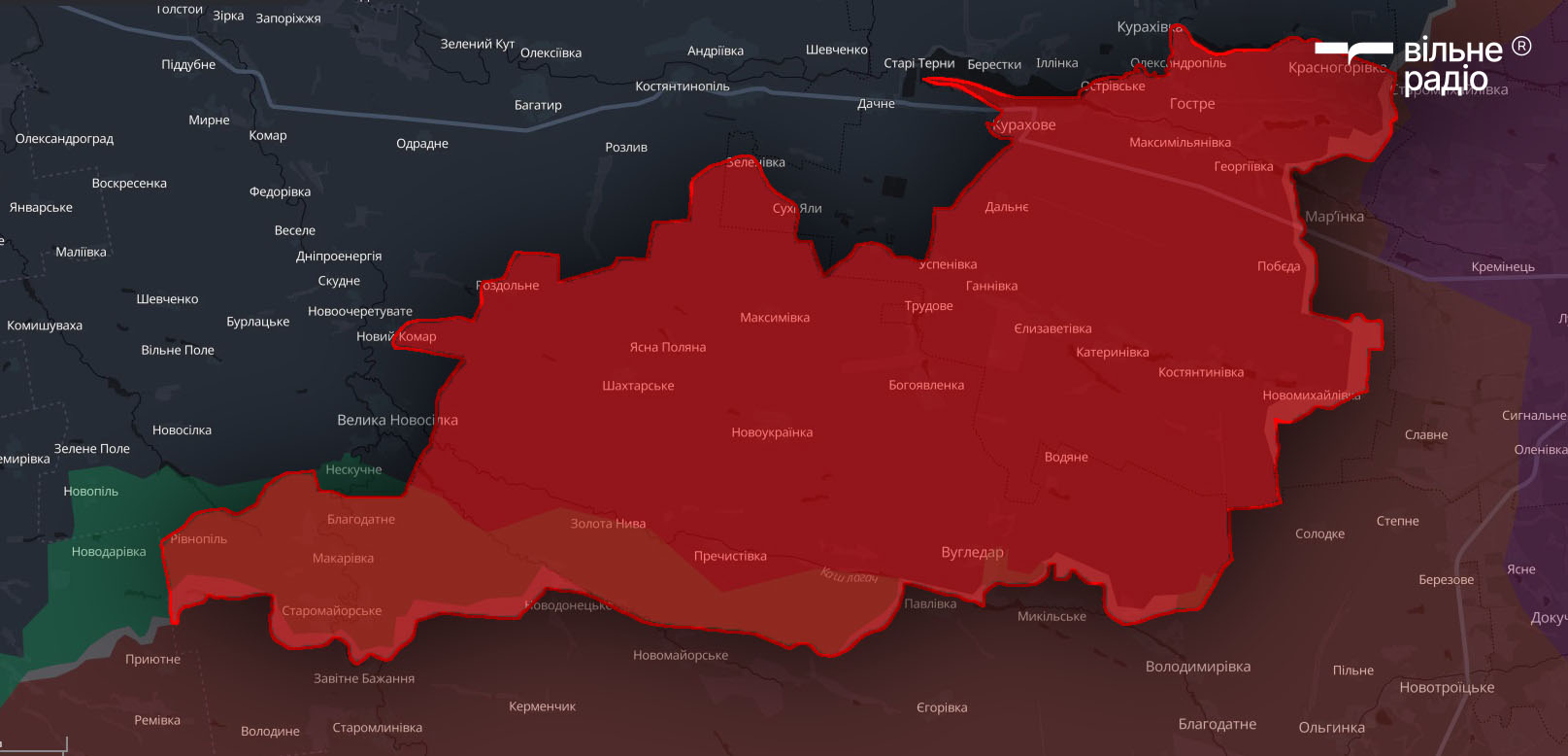 Червоним позначені території Донецької області, які російська армія захопила протягом 2024 року