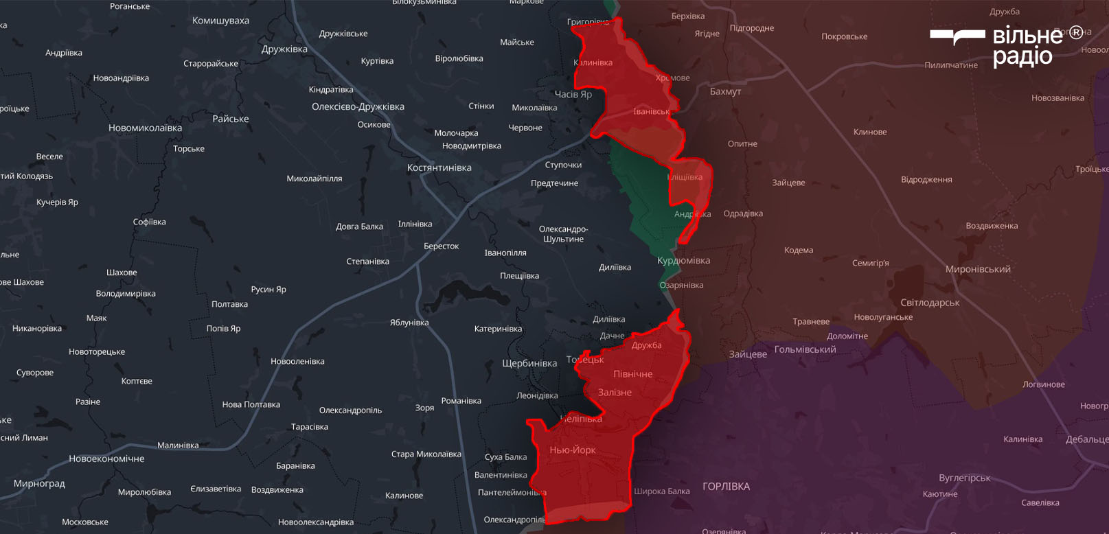 Червоним позначені території Донецької області, які російська армія захопила протягом 2024 року у Торецька та Часового Яру