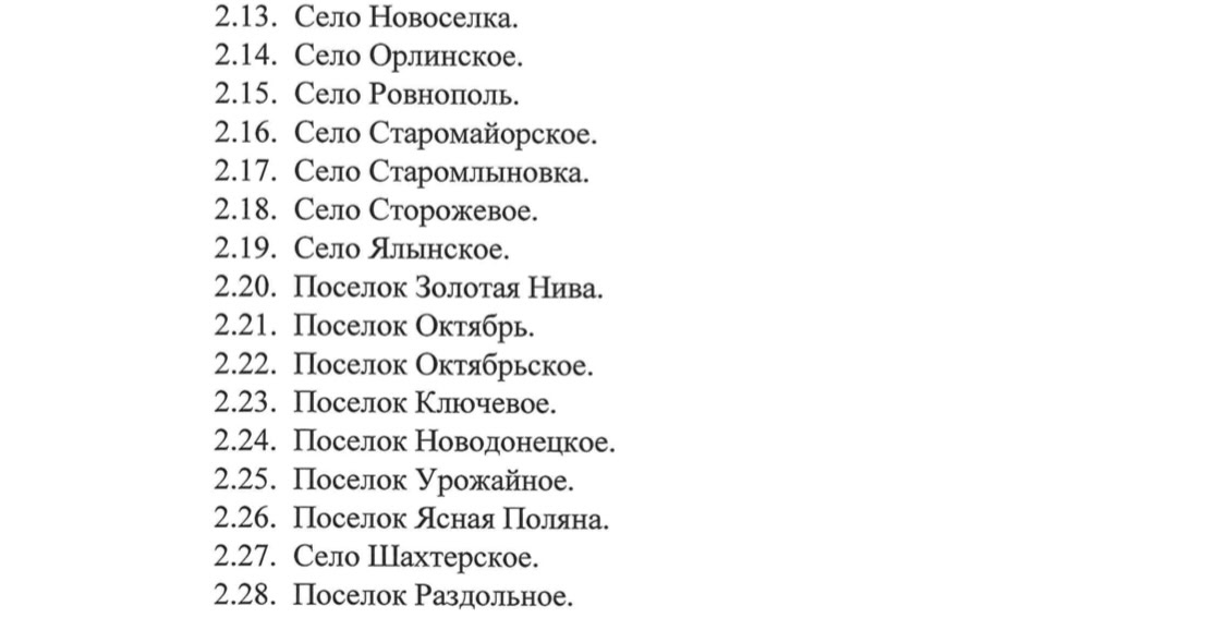 28 населених пунктах “Великоновосілківського муніципального округу” з указу так званого ватажка 