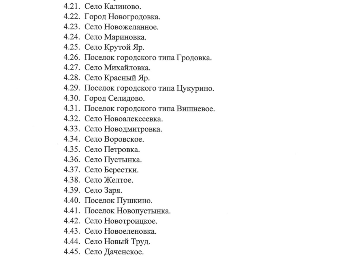 45 населених пунктах “Красноармійського муніципального округу” з указу так званого ватажка 