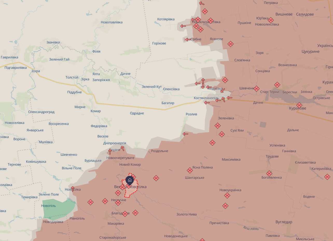 Бойові дії на території Великоновосілківської громади, DeepStateMAP. Скриншот: Вільне радіо