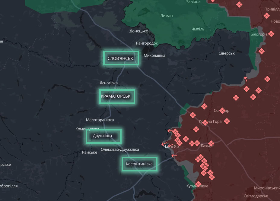 Краматорск, Константиновка, Дружковка, Славянск на карте DeepState