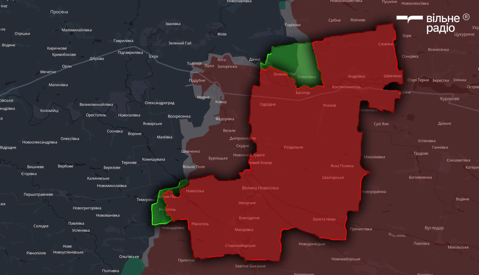 Територія Великоновосілківської селищної територіальної громади на початок липня 2025 року, червоним позначені окуповані росіянами території, а зеленим — підконтрольні українській владі території
