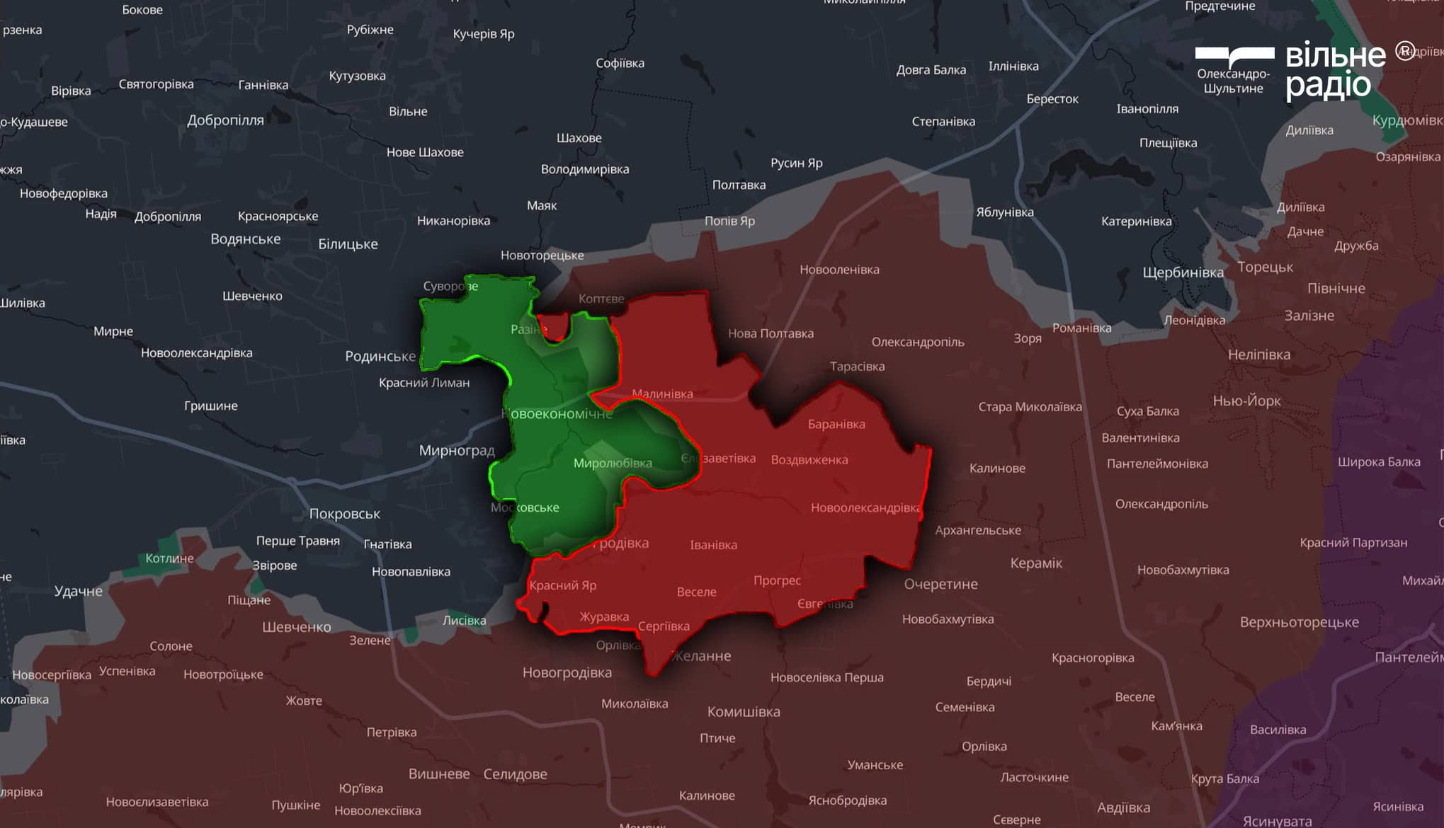 Територія Гродівської селищної територіальної громади станом на початок липня 2025 року, червоним позначені окуповані росіянами території, а зеленим — підконтрольні українській владі території