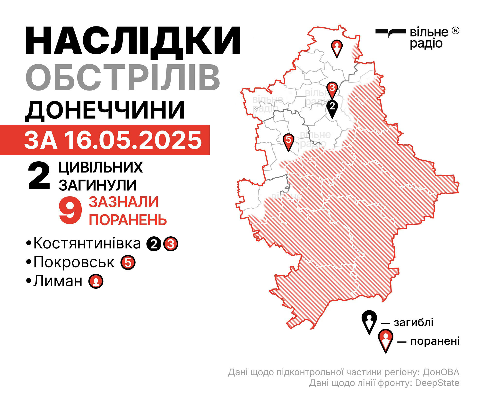 Наслідки обстрілів на Донеччині за 16 травня 2025 року, мапа бойових дій у Донецькій області