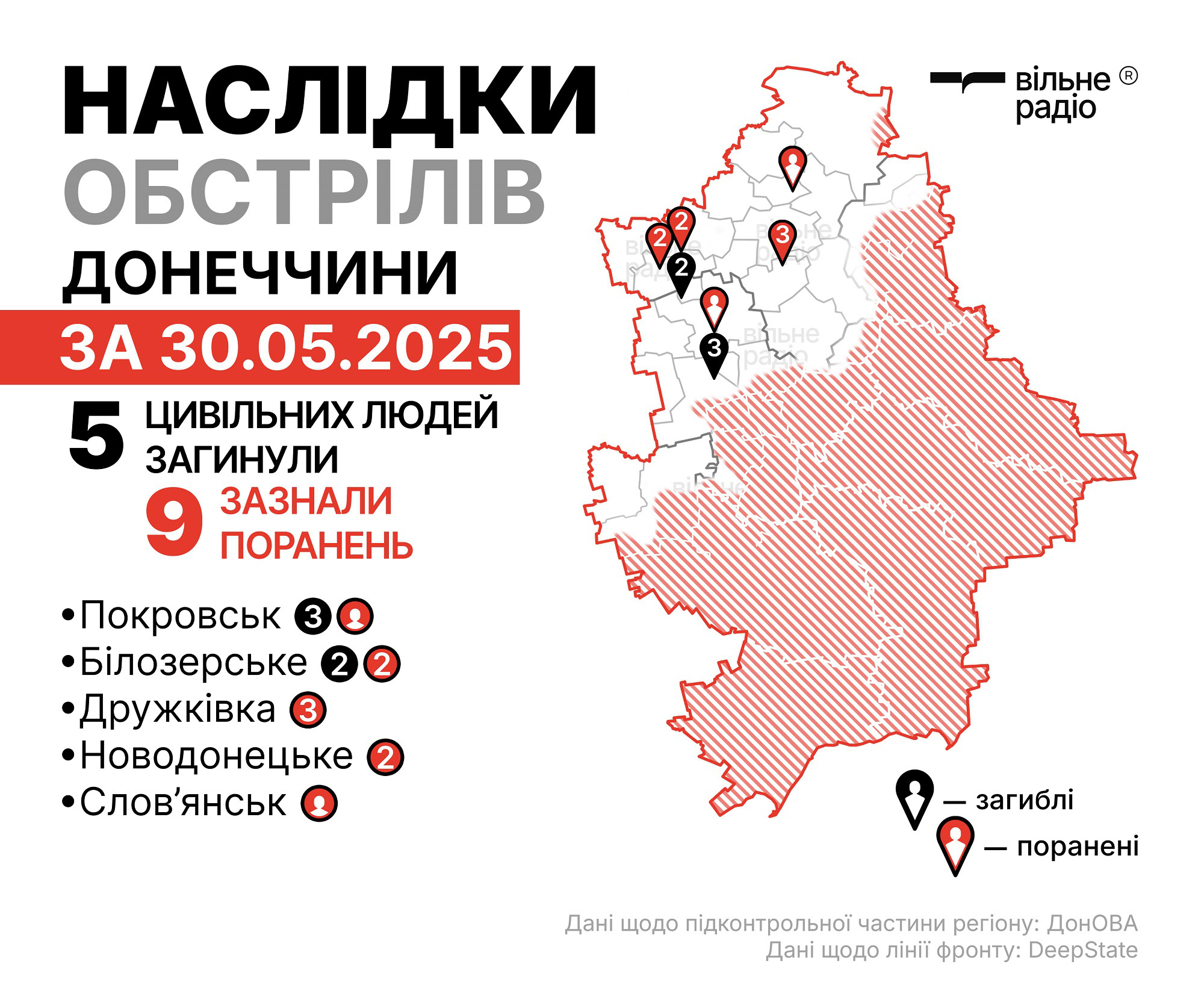 Наслідки обстрілів на Донеччині за 30 травня 2025 року, мапа бойових дій у Донецькій області