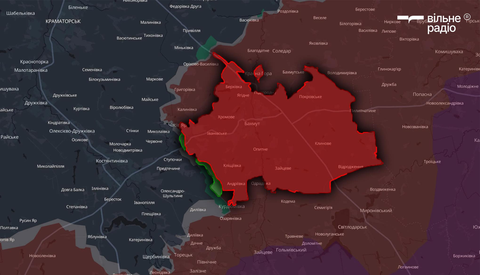 Територія Бахмутської міської територіальної громади станом на початок липня 2025 року, червоним