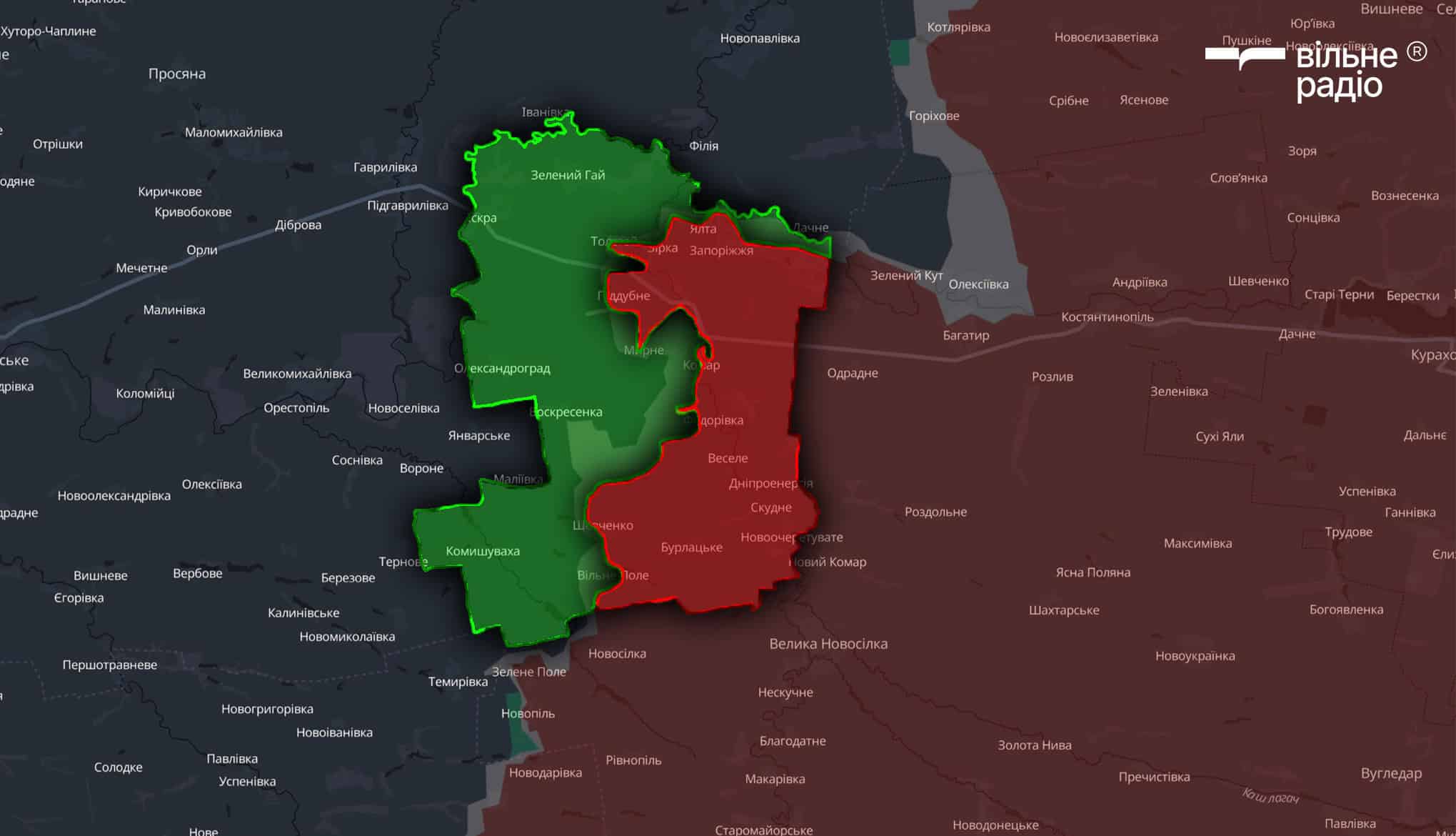 Територія Комарської сільської територіальної громади на початок липня 2025 року, червоним позначені окуповані росіянами території, а зеленим — підконтрольні українській владі території