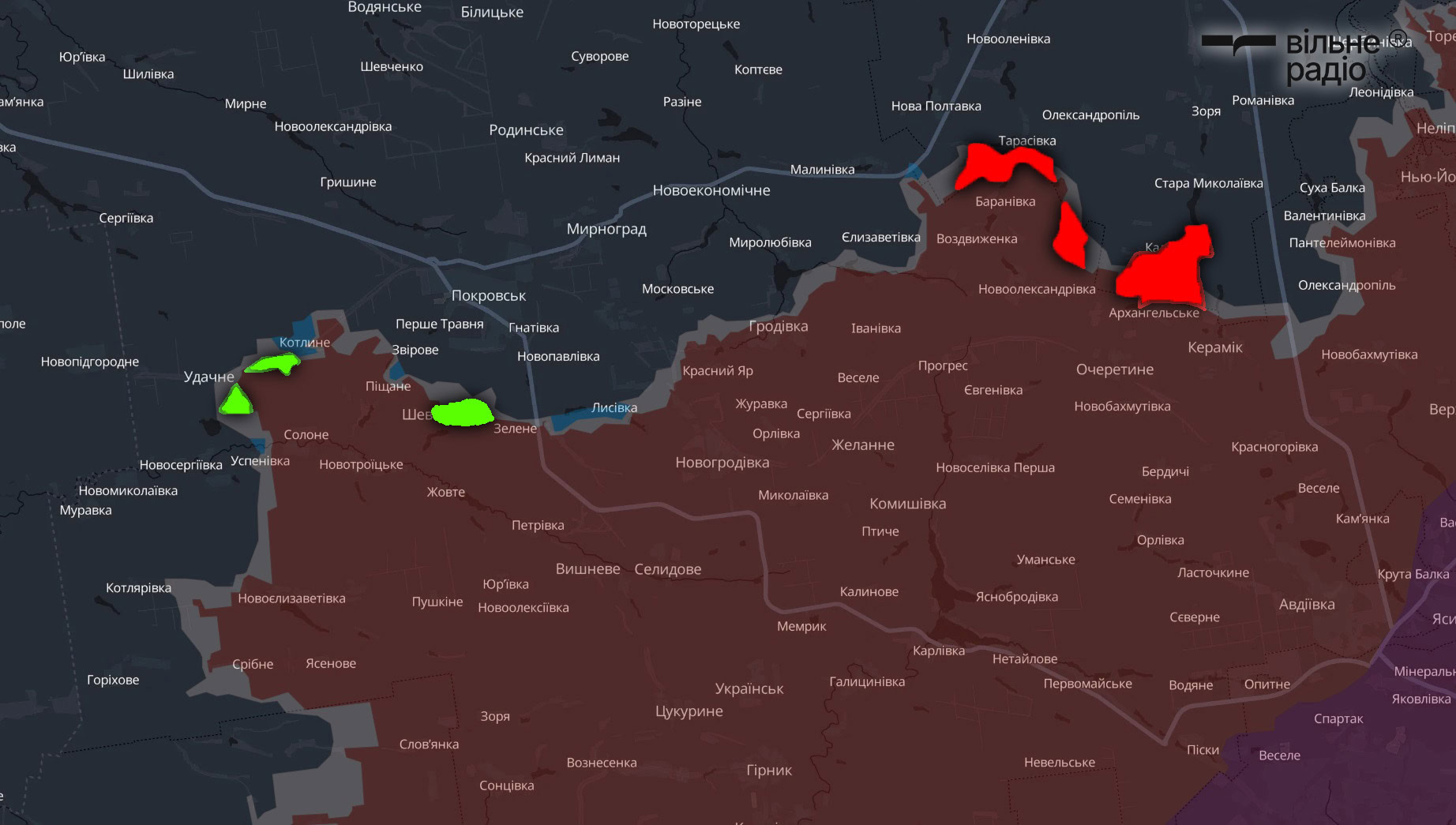 Червоним позначена територія на Покровському напрямку, яку за квітень 2025 року захопила російська армія. Зеленим — територія, яку звільнили підрозділи ЗСУ