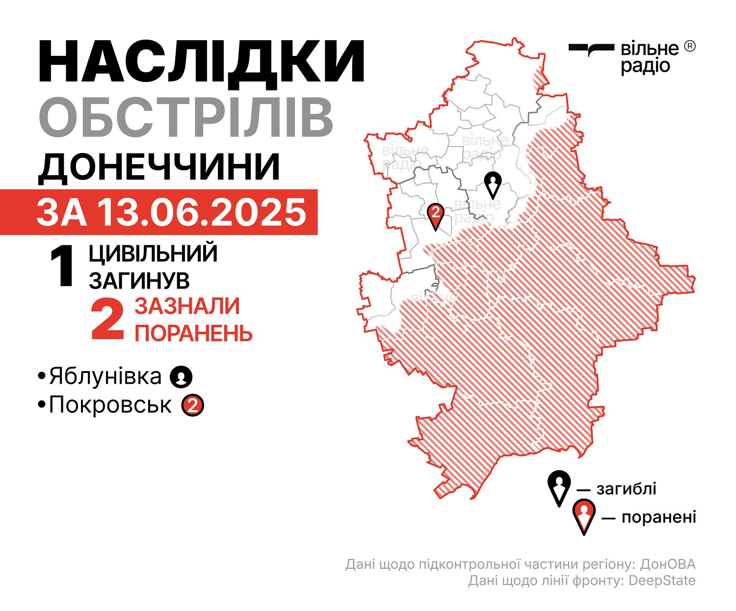 Наслідки обстрілів на Донеччині за 13 червня 2025 року, мапа бойових дій у Донецькій області