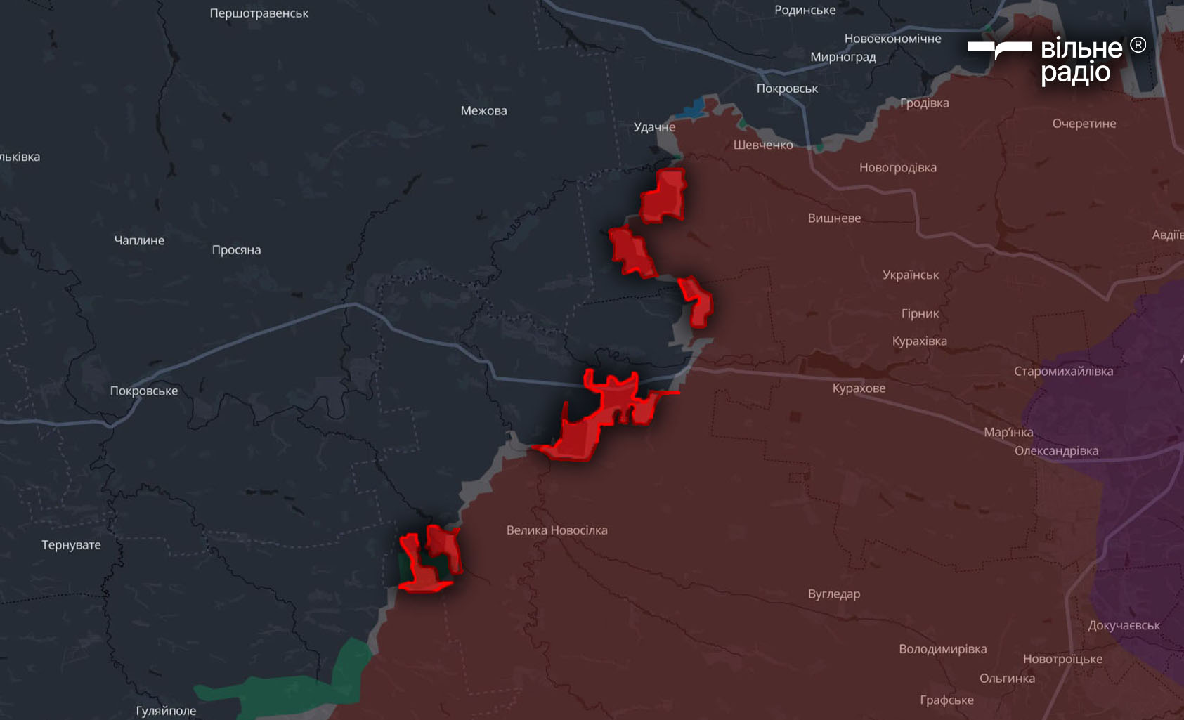 Червоним позначена територія на Новопавлівському напрямку, яку за травень 2025 року захопила російська армія