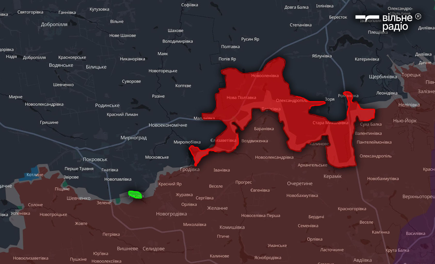 Червоним позначена територія на Покровському напрямку, яку за травень 2025 року захопила російська армія. Зеленим — територія, яку звільнили підрозділи ЗСУ