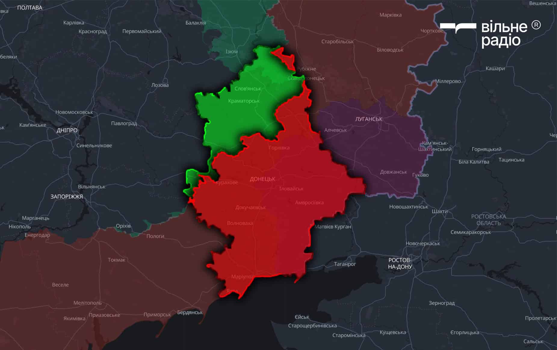 Червоним позначена територія Донецької області, яку станом на червень 2025 року контролює російська армія, зеленим — підконтрольна українській владі