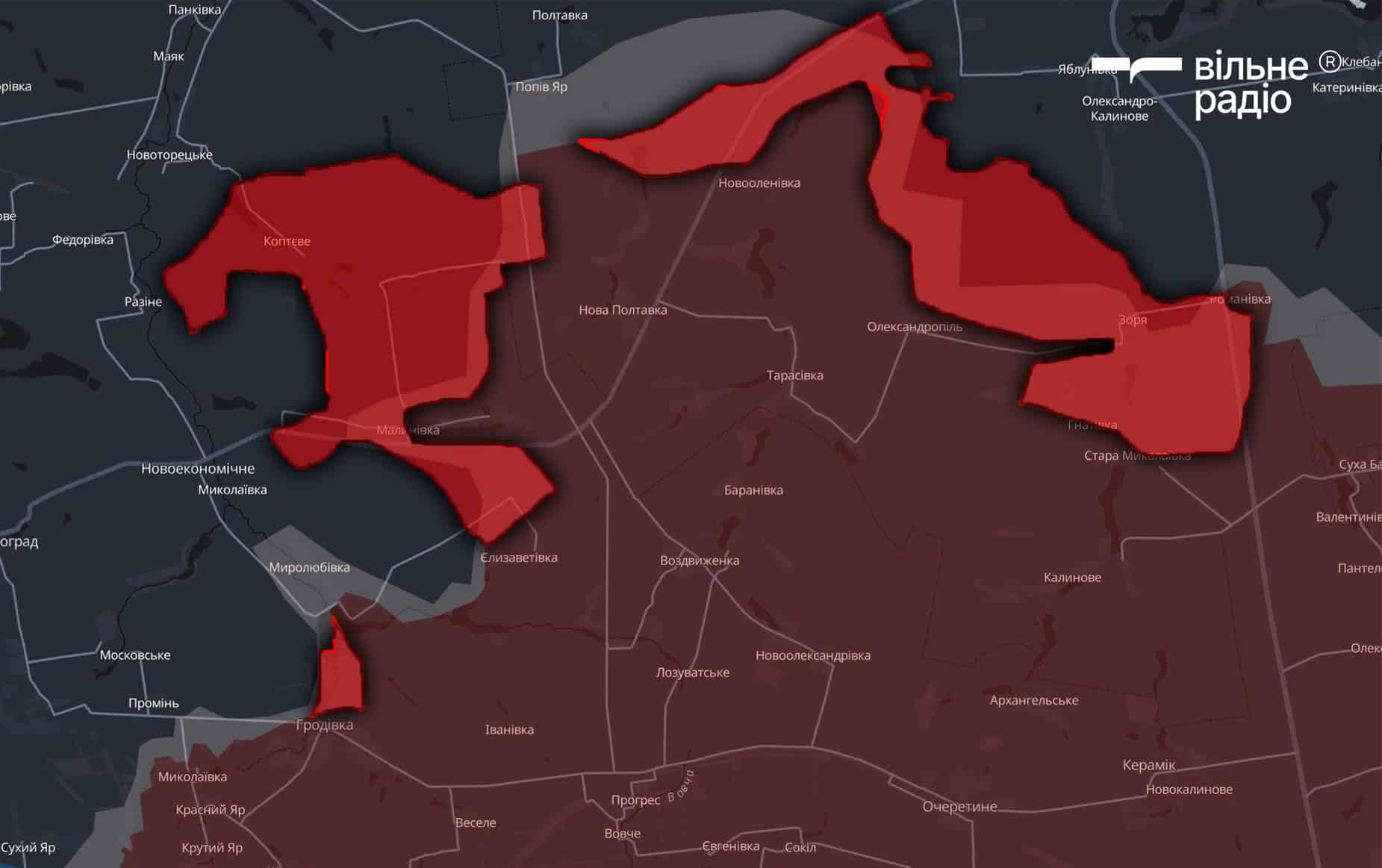 Червоним позначена територія на Покровському напрямку, яку за травень 2025 року захопила російська армія