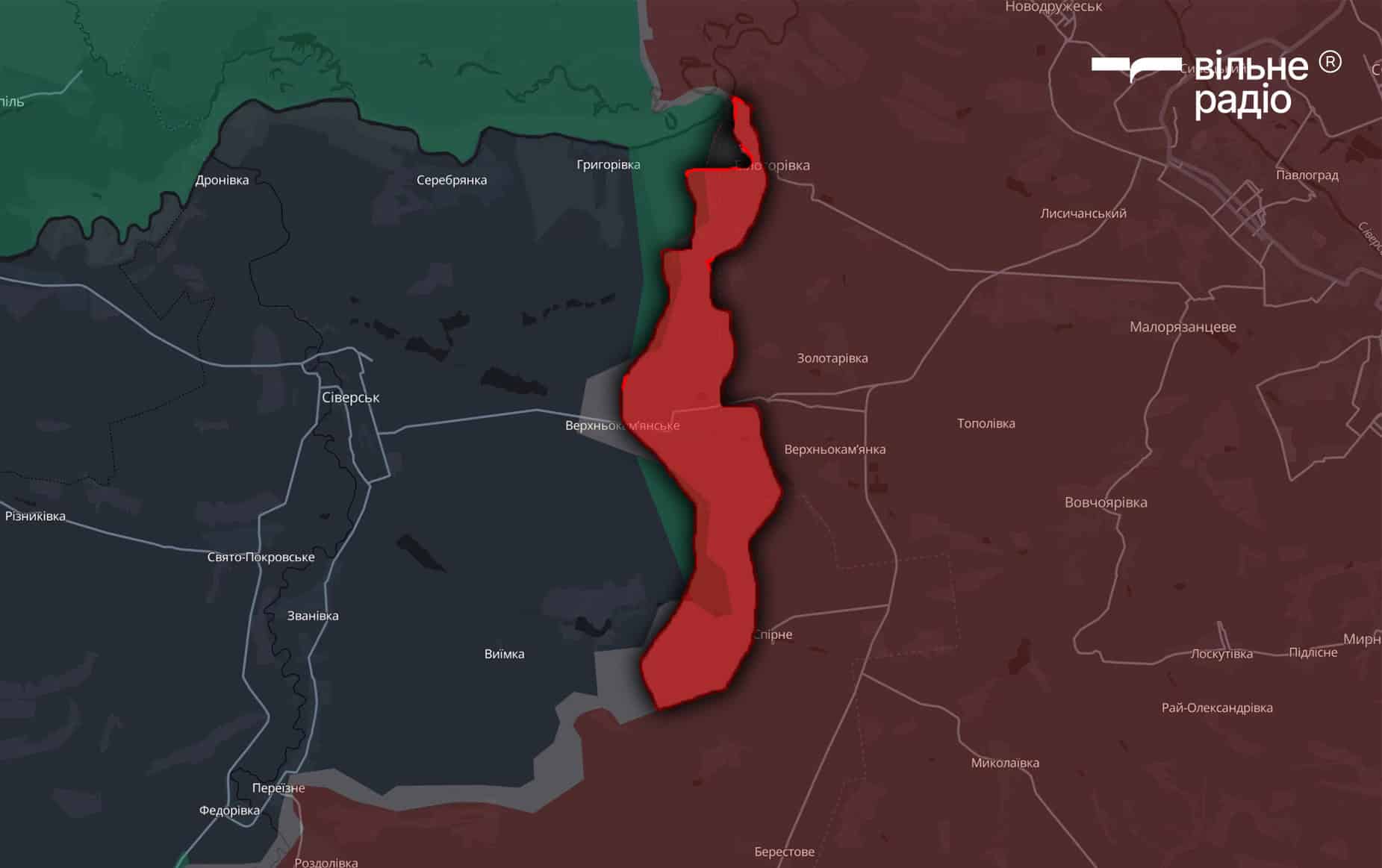 Червоним позначена територія на Сіверському напрямку, яку за червень 2025 року захопила російська армія