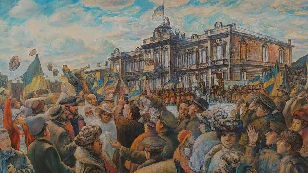 Картина бахмутського художника Сергія Садчикова "Перше підняття українського прапора у Бахмуті"