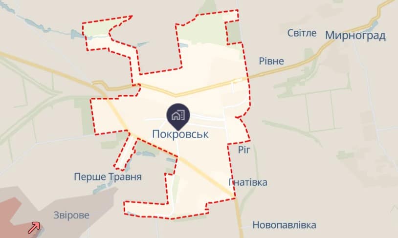 Покровськ на мапі бойових дій. Ілюстративне фото: скриншот Вільного Радіо з порталу DeepState