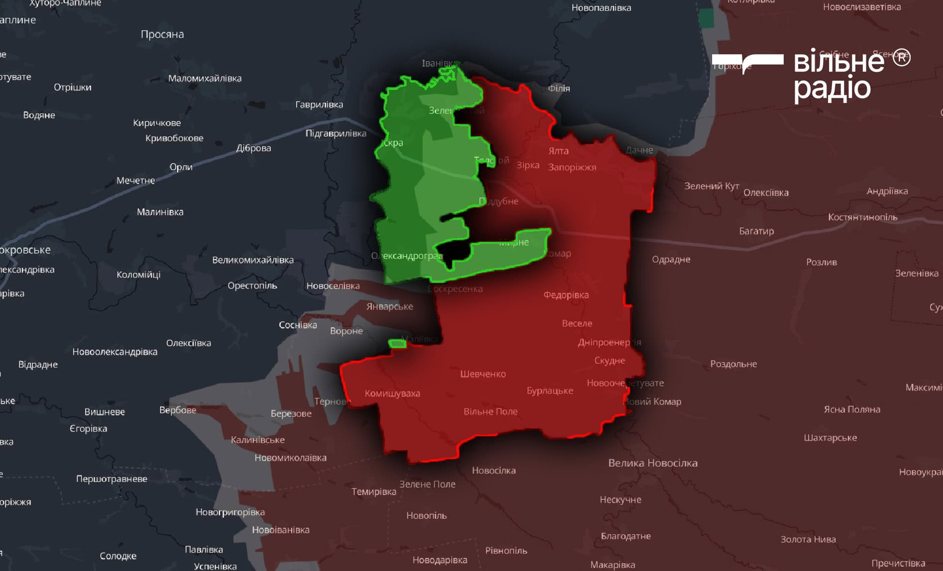 Територія Комарської сільської територіальної громади на кінець вересня 2025 року, червоним позначені окуповані росіянами території, а зеленим — підконтрольні українській владі території