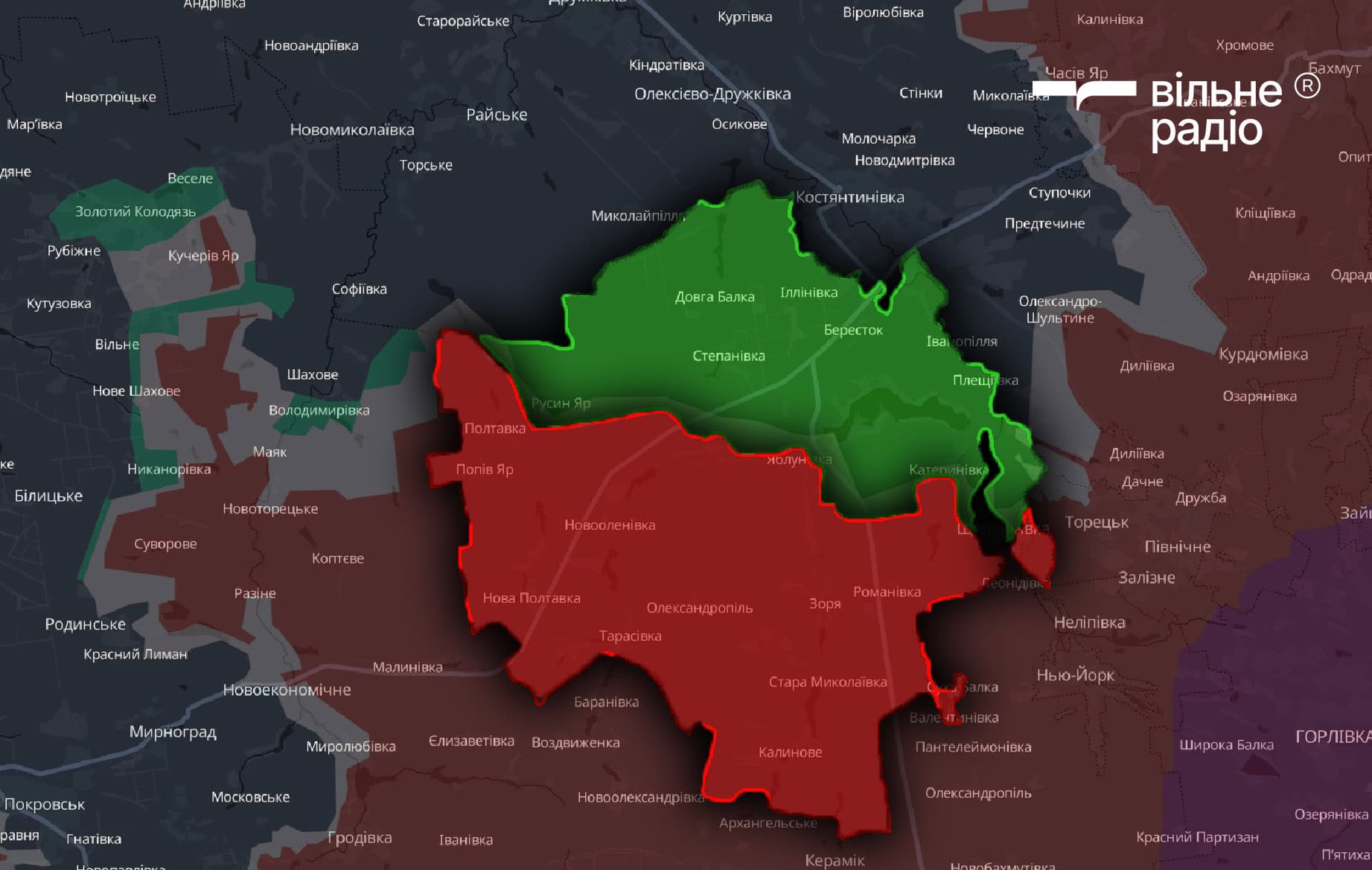 Територія Іллінівської міської територіальної громади станом на кінець вересня 2025 року, червоним позначені окуповані росіянами території, а зеленим — підконтрольні українській владі території