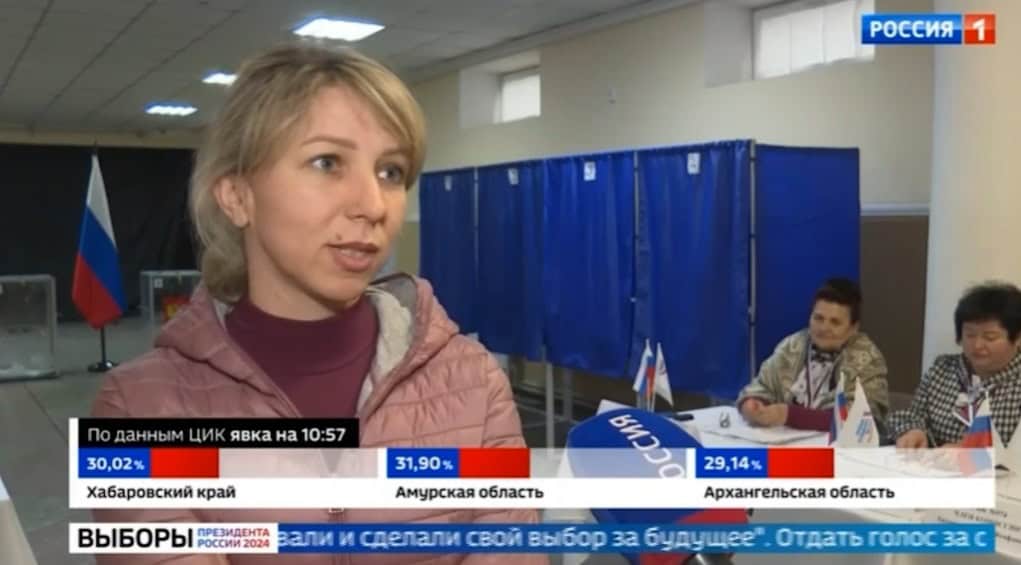 Тетяна Харченко у пропагандистському сюжеті про вибори на тимчасового окупованій частині Донеччини у березні 2024 року