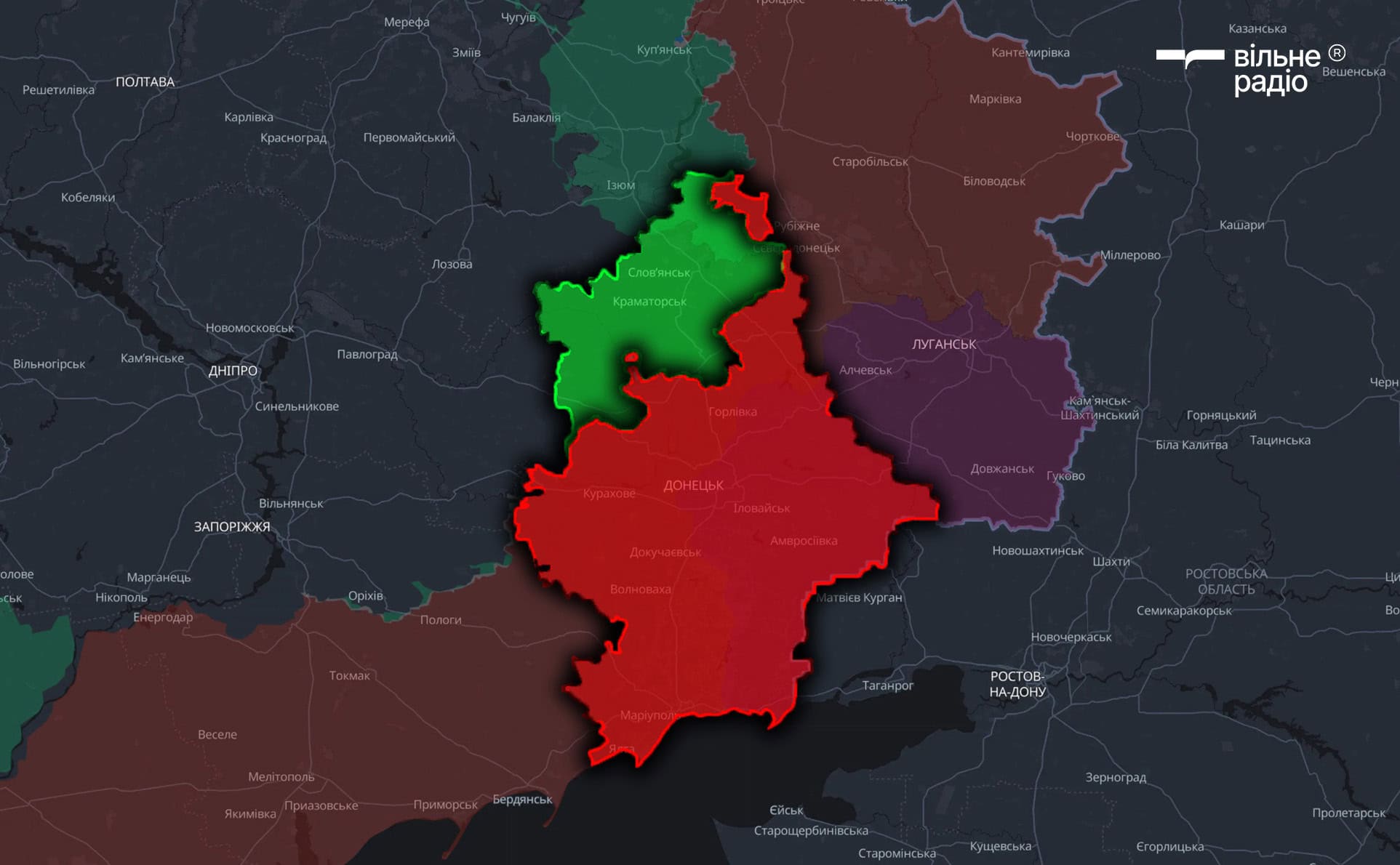 Червоним позначена територія Донецької області, яку станом на серпень 2025 року контролює російська армія, зеленим — підконтрольна українській владі